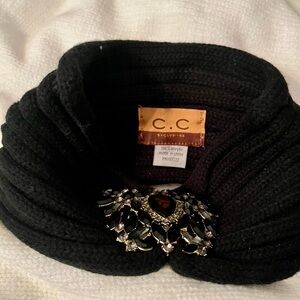 C.C Black Knit Scarf with Decorative Jewel